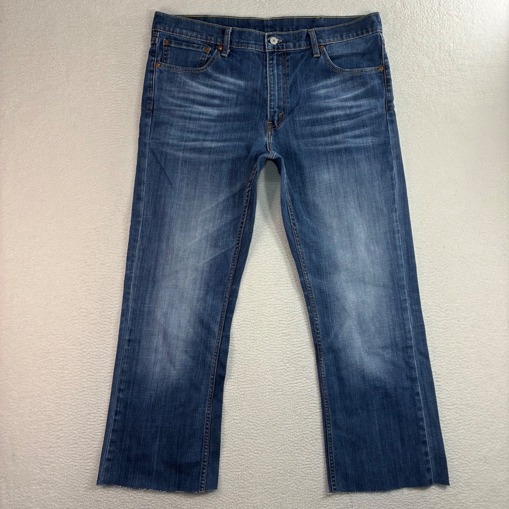 Levis 527 Slim Bootcut Jeans Men 38x29 Blue Whiskered Distressed Faded Western